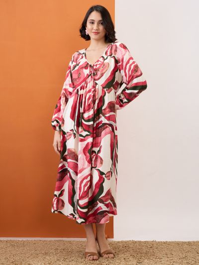 Globus Women Multi Colour V-Neck Bishop Sleeves Abstract Print Tie-Up Detail Gathered A-Line Midi Dress