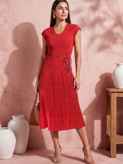 Globus Women Red Round Neck Extended Sleeves Polka Dots Accordion Pleats A-Line Midi Dress With Dori
