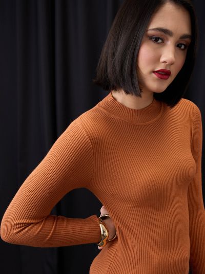 Globus Women Rust High Neck Long Sleeves Flat Knit Ribbed Winter Wear Pullover Sweater