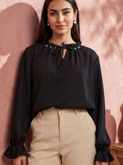 Globus Women Black Pearl Detail Frilled Tie-Up Neck Bishop Sleeves Workwear Top