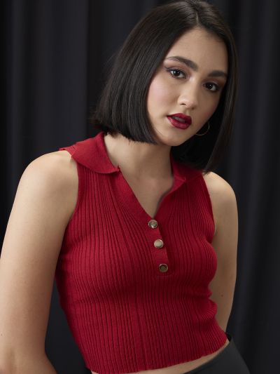 Globus Women Red Collared Halter Neck Gold Button Detail Flat Knit Ribbed Crop Top