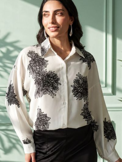 Globus Women White Floral Print Collared Neck Cuffed Sleeves Curved Hem Shirt