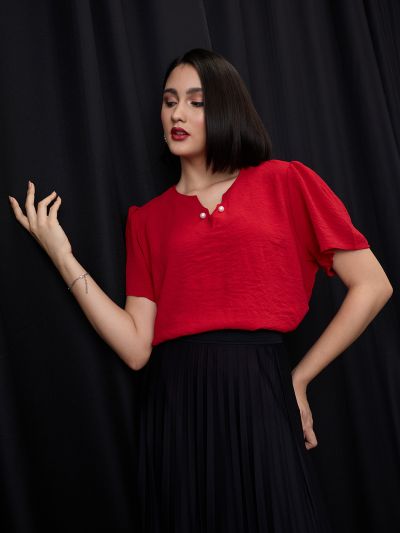 Globus Women Red V-Neck Puff Sleeves Solid Pearl Detail Top