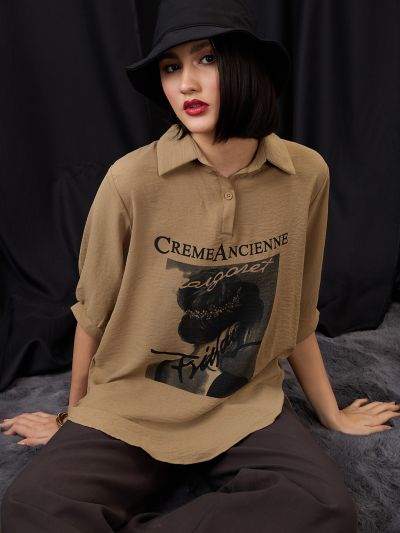 Globus Women Brown Collared Neck Graphic Print High Low Hem Oversized Shirt Style Top