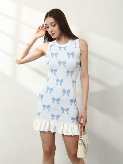 Globus Women Blue Round Neck Sleeveless Bow Print Frilled Hem Mini Bodycon Party Dress