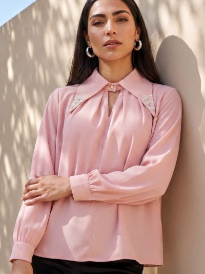 Globus Women Pink Collared Neck & Pearl & Embellished Detail Cuffed Sleeves Party Shirt Style Top