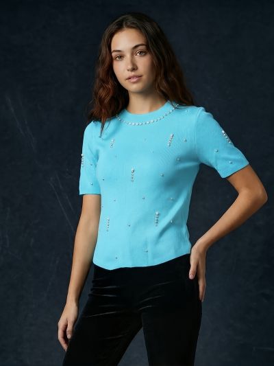 Globus Women Blue Round Neck Short Sleeves Pearl Embellished Party Top