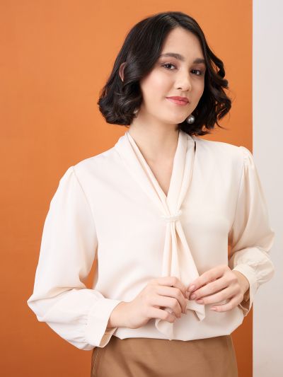 Globus Women Beige Tie-Up Neck Cuff Sleeves Workwear Top