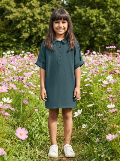 Globus Girls Green Collared Neck Short Sleeves A-Line Straight Hem Mini Dress