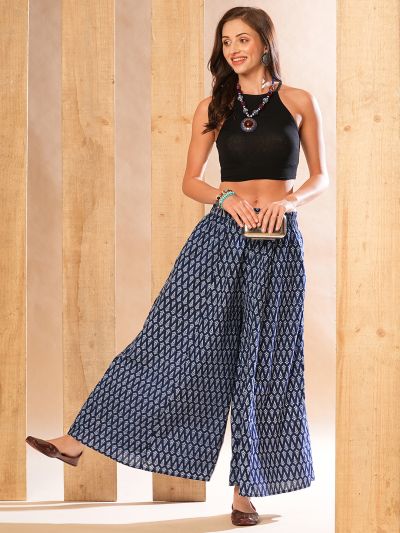 Globus Women Indigo Allover Ethnic Printed Elasticated Waistband Flared Panelled Palazzos