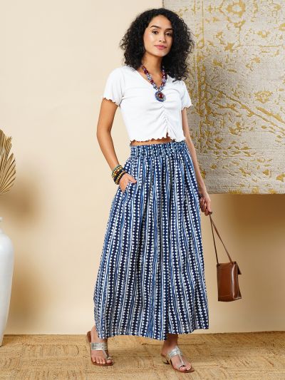 Globus Women Indigo Geometric Border Printed Elasticated Waistband Flared Ethnic Palazzos