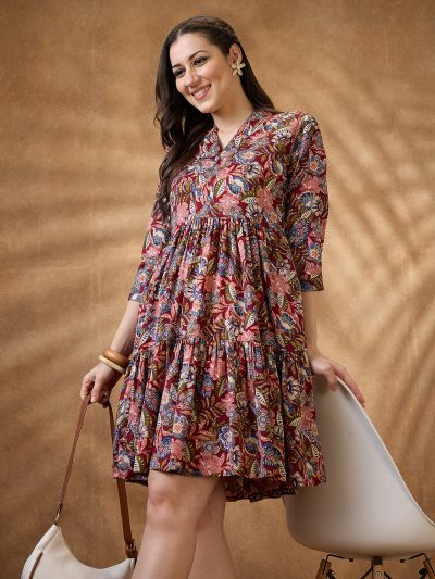 Globus Women Multi Color Floral Print V-Neck Tiered A-Line Mini Fusion Dress
