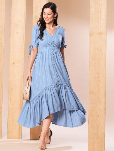 Globus Women Blue V-Neck Puff sleeves High-Low Flared Hem A-Line Dress