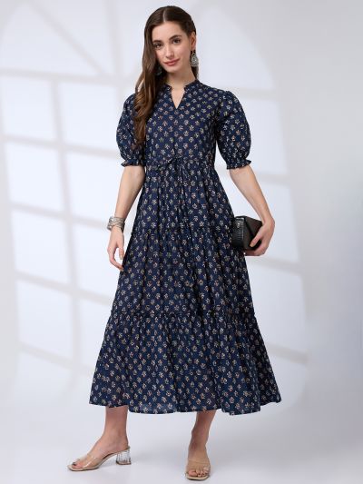 Globus Women Blue Mandarin Collar Puff Sleeves Waist Tie-Ups Tiered A-Line Work Wear Midi Dress
