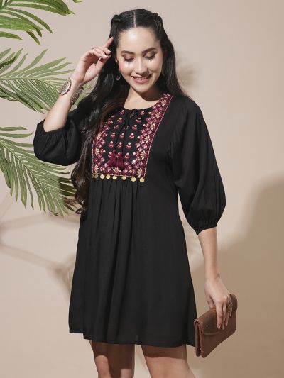 Globus Women Black Embroidered Yoke Tie-Up Detailing Bishop Sleeves Gathered A-Line Mini Workwear Dress