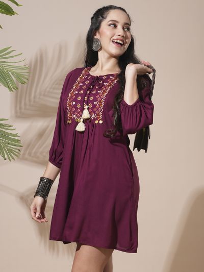 Globus Women Burgundy Embroidered Yoke Tie-Up Detailing Bishop Sleeves Gathered A-Line Mini Workwear Dress