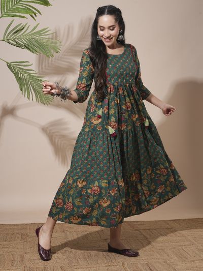 Globus Women Green Allover Floral Printed Abla Work Waist Tie-Up Detailing A-Line Tiered Midi Workwear Dress