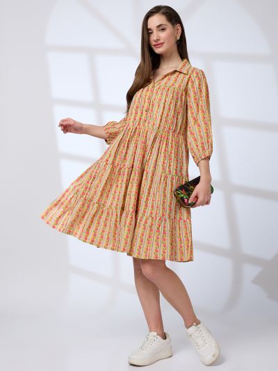 Globus Women Yellow Shirt Collar Regular Sleeves Floral Print A-line Tiered Work Wear Dress