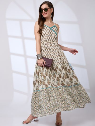 Globus Women Blue V-Neck Strappy Shoulder Tassel Waist Tie-Ups Floral Print Flared Hem A-Line Fusion Maxi Dress