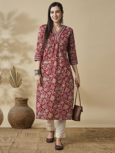 Globus Women Maroon Allover Floral Printed Sequin Detail V-Neck Pleated A-Line Kurta