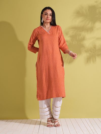 Globus Women Rust Lace Insert V-Neck Striped Woven Design Straight Workwear Kurta