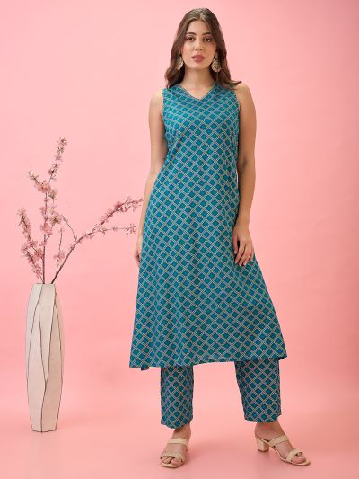 Globus Women Teal Thread Work Detail V-Neck A-Line Workwear Kurta & Pants Set