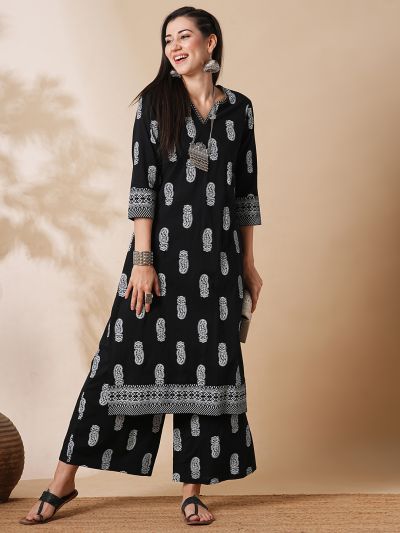 Globus Women Black Allover Paisley Printed Straight Kurta With Palazzos Workwear Set