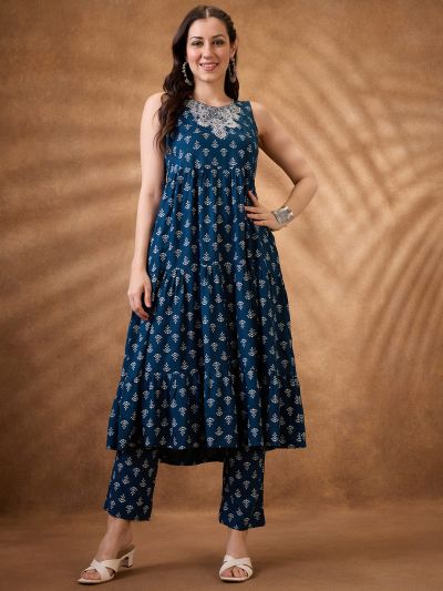 Globus Women Blue Embroidered Yoke Floral Print Tiered A-Line Kurta With Narrow Pants Set