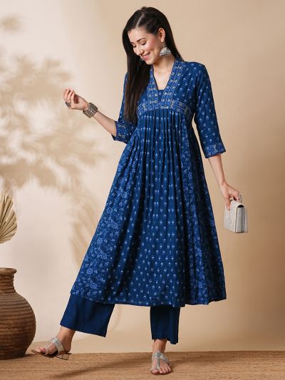 Globus Women Blue Allover Printed Pleated & Panelled A-Line Kurta With Narrow Pants Workwear Set