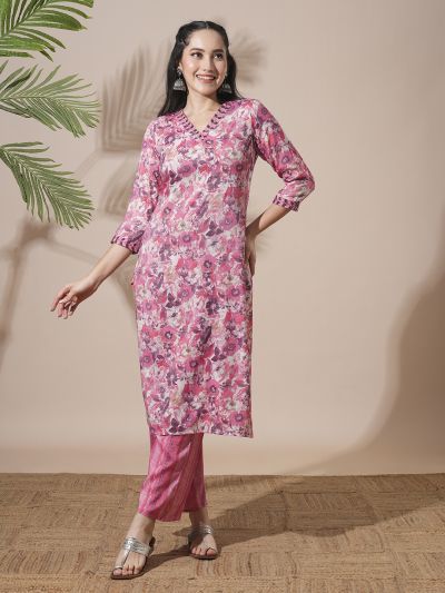 Globus Women Pink Floral Print V-Neck Straight Kurta With Elasticated Waist Pant Workwear Set