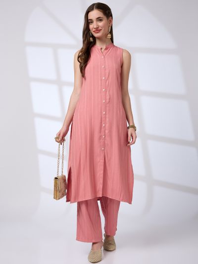 Globus Women Pink Mandarin Collar Woven Design Front Slit A-Line Kurta With Pants Workwear Set