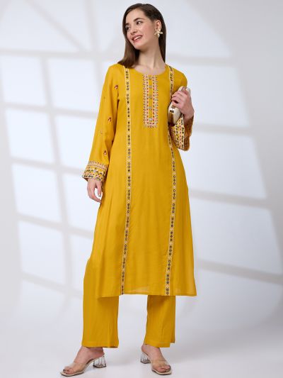 Globus Women Mustard Round Neck Bell Sleeves Embroidered A-Line Kurta With Straight Pants Festive Set