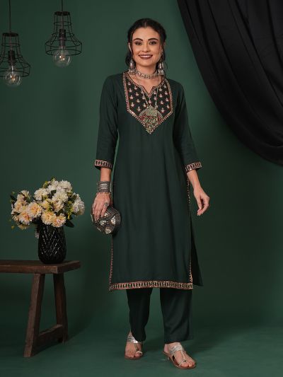 Globus Women Teal Sequinned Embroidered Yoke Calf Length Straight Kurta & Pants Ethnic Set