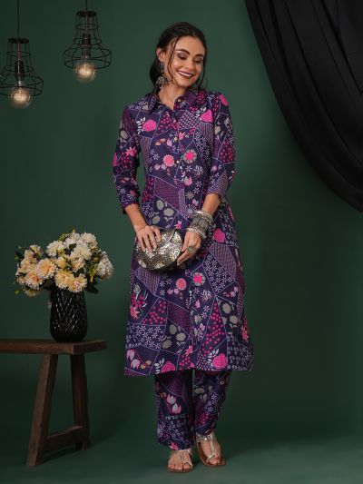 Globus Women Purple Abstract Printed Shirt Collar Calf Length Straight Kurta & Pants Fusion Set