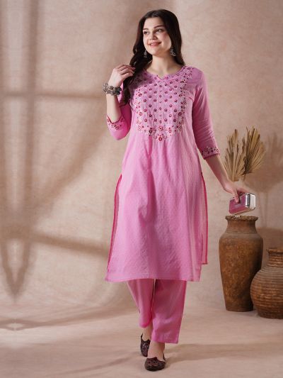 Globus Women Pink Floral Embroidered Yoke Straight Kurta With Pants Festive Set