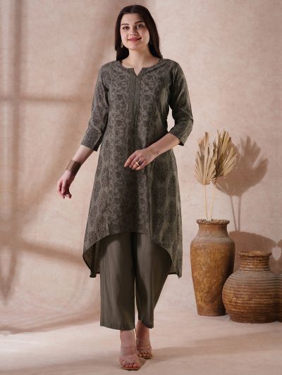 Globus Women Grey Round Neck Allover Floral Print High-Low Hem A-Line Kurta With Pants Festive Set