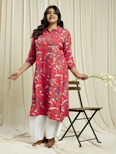 Globus Gloplus Women Pink Shirt Collar Floral Print Button Down Straight Plus Size Kurta