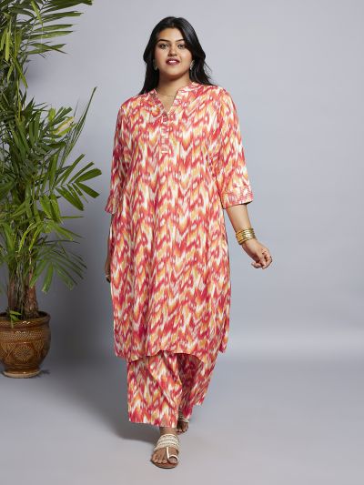 Globus Gloplus Women Red Mandarin Neck Chevron Print Zari Detail Straight Plus Size Kurta & Wide Leg Pants Workwear Set