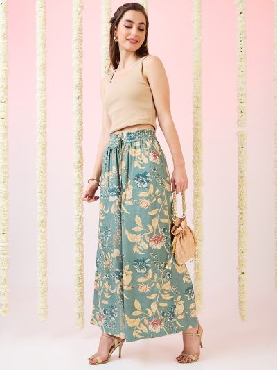 Globus Women Green Floral Print Mid-Rise Elasticated Waist Wide Leg Fusion Palazzos
