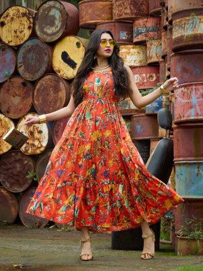 Globus Women Orange All Over Floral Print Strappy Sleeves Waist Tie-Up Fit & Flare Fusion Maxi Dress