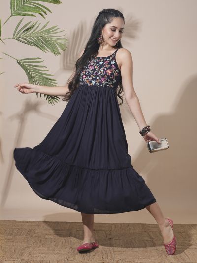Globus Women Blue Floral Embroidered Yoke Strappy Shoulder Smocked Fit & Flare Tiered Midi Fusion Dress