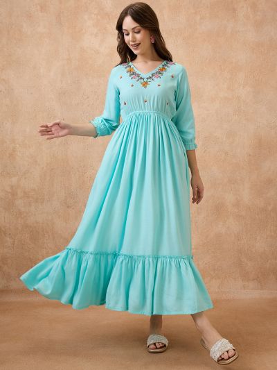 Globus Women Blue V-Neck Floral Embroidered Yoke Fit and Flare Tiered Maxi Fusion Dress
