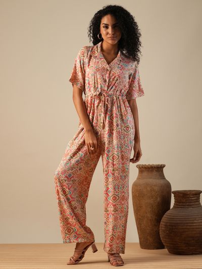 Globus Women Pink Cuban Collar Geometric Print Waist Tie-Ups Fusion Jumpsuit