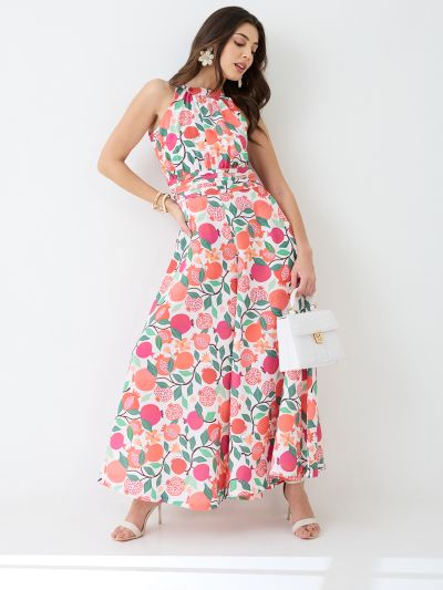 Globus Women Pink Floral & Fruit Print Halter Neck Pleated Detail Flared Fusion Jumpsuit