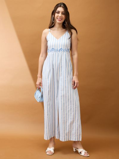 Globus Women Blue Striped V-Neck Shoulder Strap Embroidered Detail Wide Leg Fusion Jumpsuit