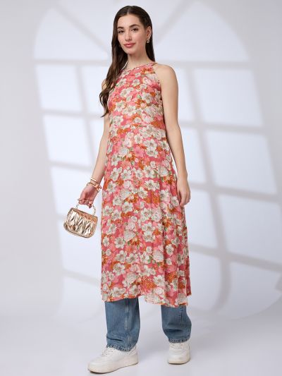 Globus Women Pink Halter Neck Floral Print A-Line Fusion Kurta