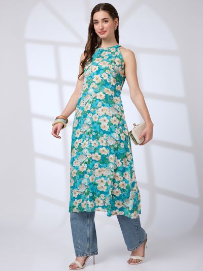 Globus Women Green Halter Neck Floral Print A-Line Fusion Kurta