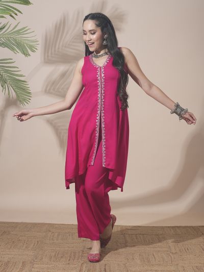 Globus Women Pink V-Neck Embroidered & Mirror Work Detail High-Low Hem Front Slits A-Line Kurta With Pant Fusion Wear Set