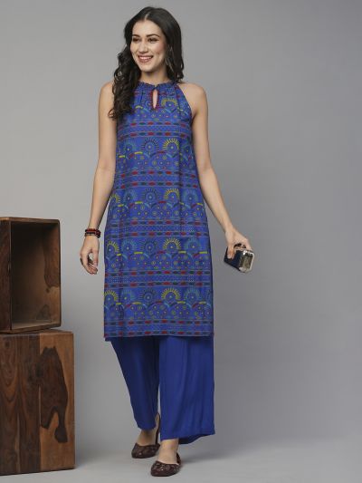 Globus Women Blue Keyhole Halter Neck Ethnic Print Straight Kurta With Partially Elasticated Mid-Rise Pants Fusion Set