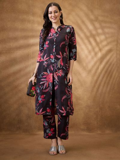 Globus Women Black Mandarin Collar Floral Print Button Down Front Slit Straight Kurta With Pants Fusion Set